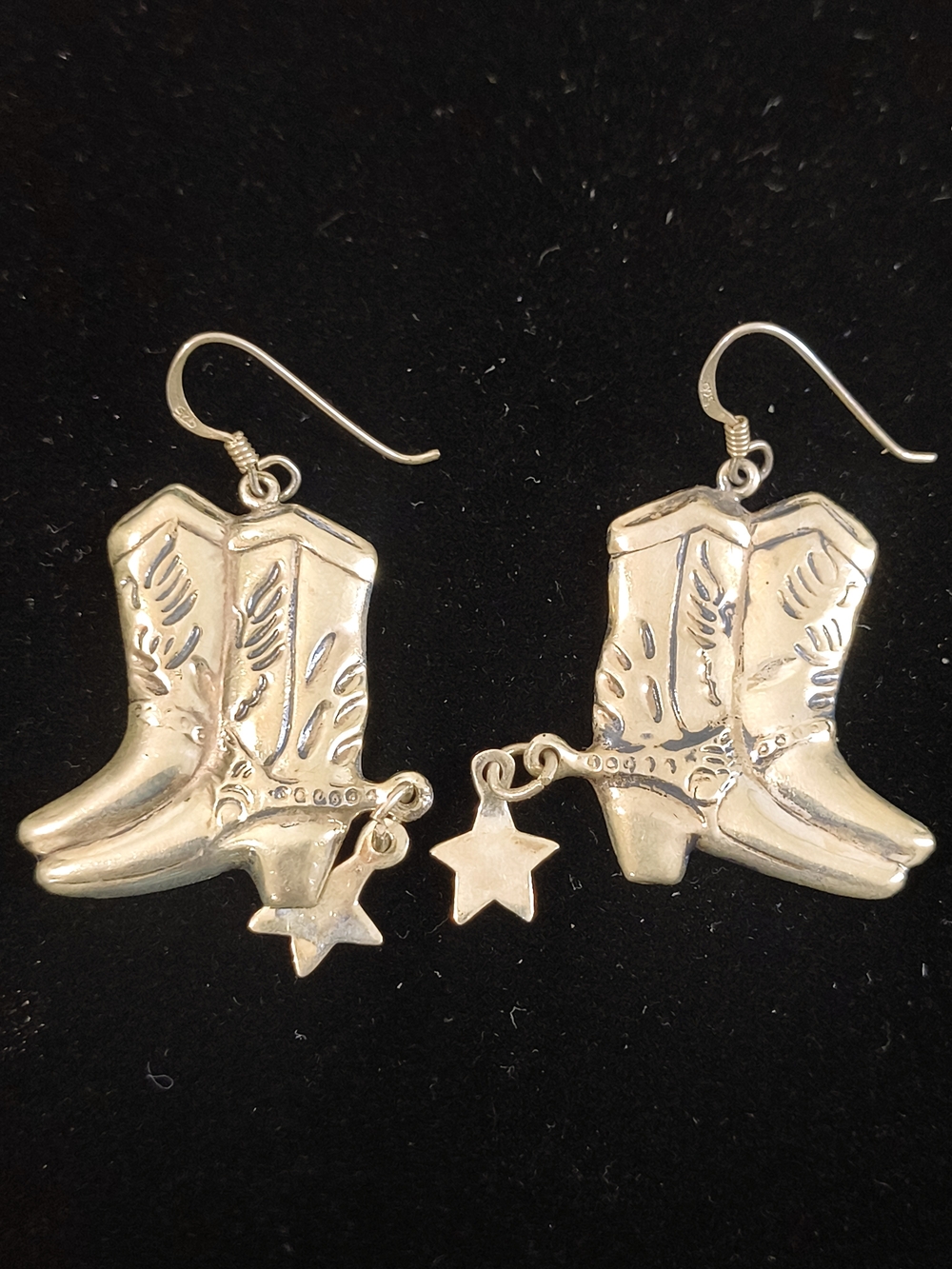 Vintage Sterling Silver Cowboy Boot Star Dangle Earrings 925 Western